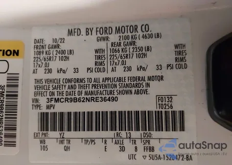 2022 Ford Bronco Sport Big Bend из США, поврежденный, VIN 3FMCR9B62NRE36490